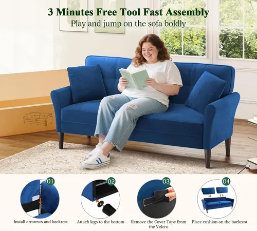 Vista 5 de Sofá biplaza de 69 pulgadas, sofás pequeños de terciopelo para espacios pequeños, sofás de dos plazas con 2 almohadas, sofás de dos plazas