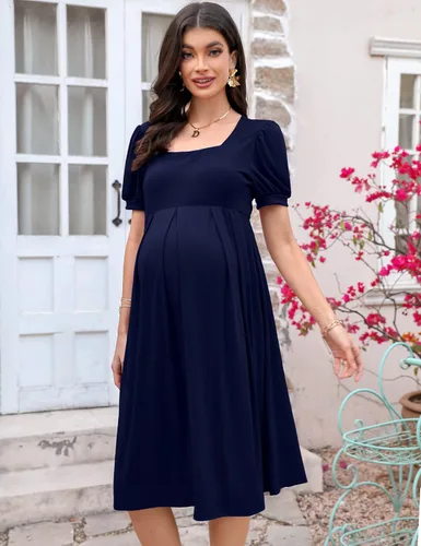 Vista 2 de MISSKY Vestidos de maternidad de manga corta para mujer, cuello cuadrado, fruncido, ropa de embarazo para uso diario o baby shower