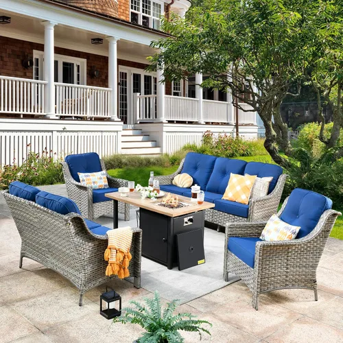 Vista 68 de HOOOWOOO Sofá de patio de 3 plazas de mimbre para exteriores, resistente a todo tipo de clima, con respaldo alto, muebles a juego (beige y bronceado)