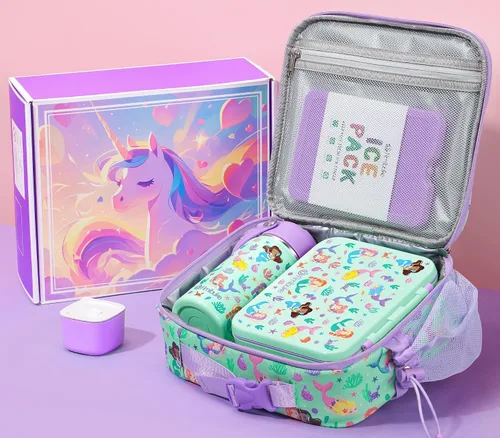 Vista 3 de Fimibuke Lonchera Bento para Niños - Contenedor de Snacks Bento para Niños Pequeños con 3 Compartimentos, Botella de Agua de Acero Inoxidable, Bolsa