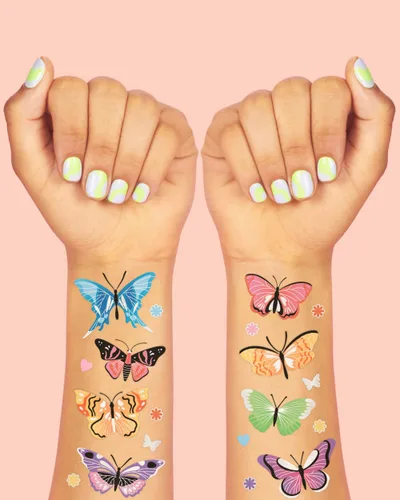 Vista 3 de xo, Fetti Tatuajes temporales de mariposa - 46 estilos de purpurina Suministros para fiesta de cumpleaños de hadas arco iris, monarcas, corazones