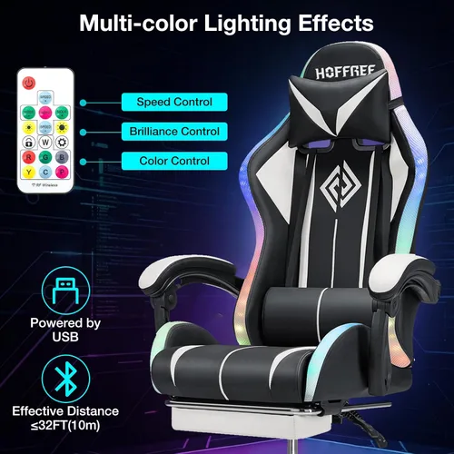 Vista 5 de HOFFREE - Silla LED para juegos con luces RGB de masaje, color blanco Blanco + Negro