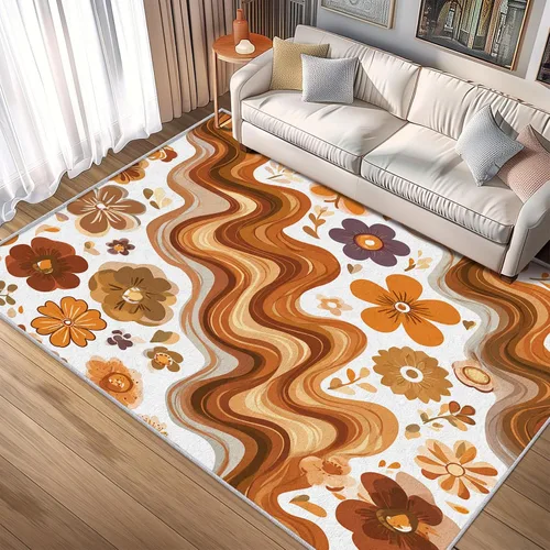 Vista 2 de YZO133 - Alfombra retro de los años 70, pequeña, lavable de 2 x 3 pulgadas, para entrada, diseño abstracto de ondas florales, decoración retro