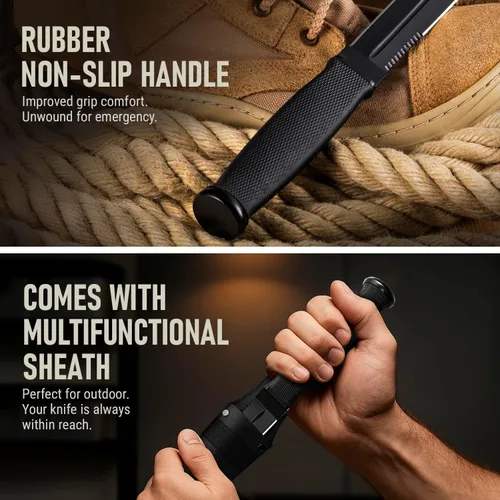 Vista 6 de Cuchillo táctico de supervivencia con funda, hoja fija de espiga completa de 6.5 pulgadas, borde dentado, cuchillo de caza con mango de goma