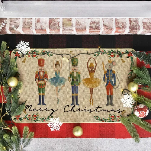 Vista 4 de Artoid Mode Felpudo de Cascanueces en Acuarela Feliz Navidad, Alfombra de Invierno de Perfil Bajo Tapete Intercambiable para Interiores y Exteriores
