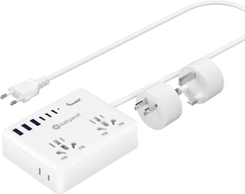 Vista 7 de Adaptador de enchufe de viaje europeo Kakyanill, adaptador de corriente para Italia, 4 tomas de CA, 3 puertos USB (2 USB C), cable de extensión