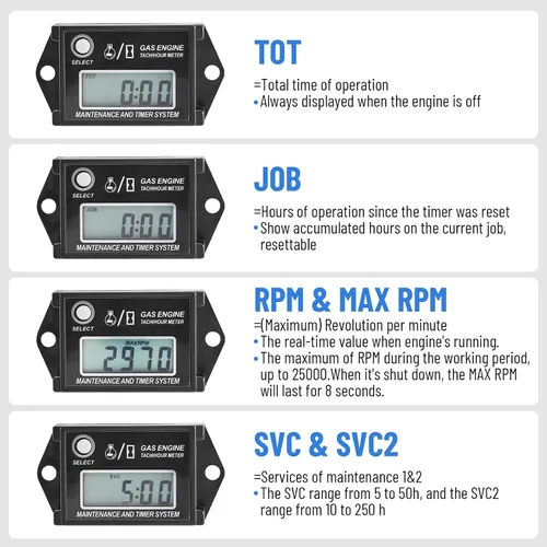 Vista 6 de CarBole Tacómetro Digital de Horas, Tacómetro de Horas para Motor Pequeño, Medidor de Calibre RPM para Cortacésped, Esquís, Moto de Cross, Barco