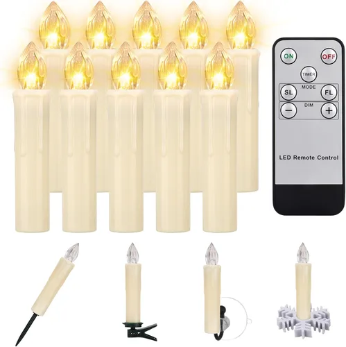 Vista 9 de 3 Piezas Velas de Árbol de Navidad Sin Llama con Control Remoto y Temporizador, Funcionan con Baterías con Llama Parpadeante 3D, Velas Cónicas de 7