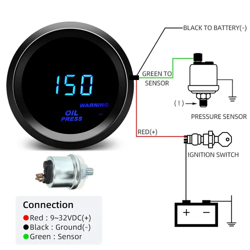 Vista 7 de Medidor de presión de aceite de 2 pulgadas = 52 mm con kit de emisor LED azul digital para automóvil de 12V (negro)