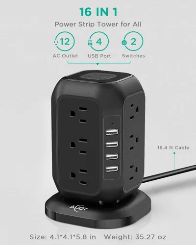 Vista 2 de Torre de tira de alimentación con cable de 16.4 pies, protector de sobretensiones con 12 tomas de CA y 4 puertos USB, cable de extensión de estación