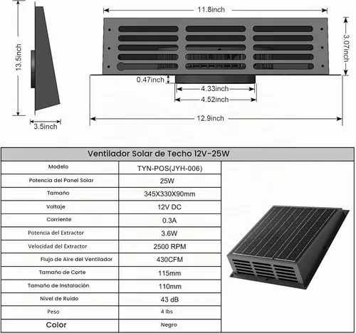 Vista 6 de Ventilador solar de 25 W para gallinero, ventilador de escape solar de 430 CFM con cable adaptador de corriente, ventilador de escape solar