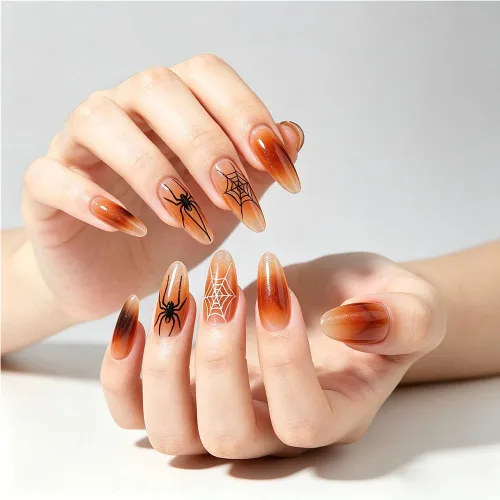 Vista 45 de Uñas postizas a presión medianas con diseño geométrico blanco almendra – 24 uñas postizas reutilizables de ABS brillante, fácil de aplicar, juego