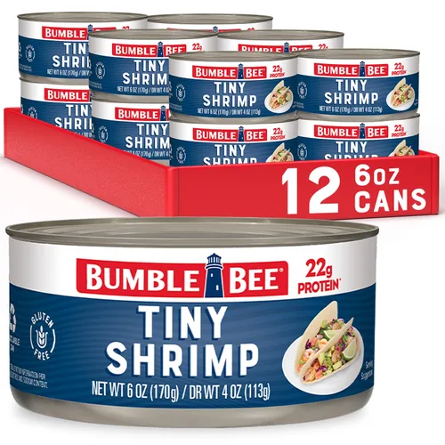 Vista 10 de Bumble Bee Camarones enlatados medianos, lata de 6 onzas, camarones en agua, cocidos, pelados, desvenados, 0.78 oz de proteína por porción, sin