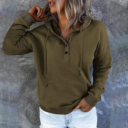 Vista 79 de Sudaderas con capucha para mujer, con cuello de botón, sin botones, con cordón, manga larga, lindas, ropa para adolescentes y niñas