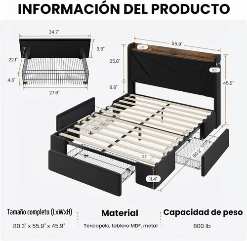 Vista 2 de SHA CERLIN Base de cama tamaño matrimonial con 3 cajones, puertos de carga USB y tipo C, cama plataforma tapizada en terciopelo con cabecera