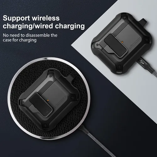 Vista 6 de Nillkin AirPods Pro - Funda protectora de cuerpo completo con llavero de metal, a prueba de golpes, para AirPods Pro 2019, color negro