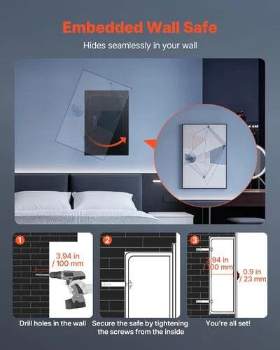 Vista 6 de VEVOR Caja fuerte de pared oculta de 3 niveles con huella digital, contraseña, llave y perilla giratoria, Q235 caja de pared de acero laminado