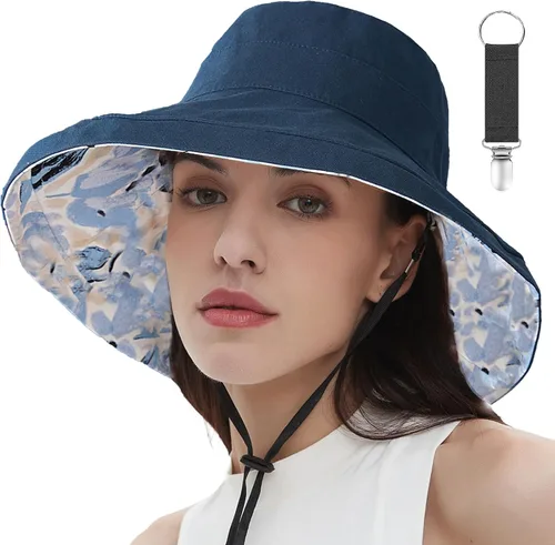 Vista 23 de vidsel Sombreros de sol para mujer, de ala ancha, reversible, de algodón, plegable, de verano, con clip para sombrero, protección UV Beige