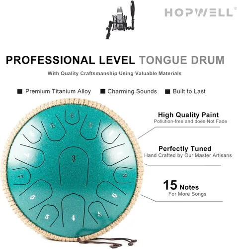 Vista 3 de HOPWELL Tambor de Lengua de Acero - 13 Pulgadas 15 Notas Tambor de Lengua - Tambor Handpan con Libro de Música, Mazos para Tambores Handpan y Bolsa