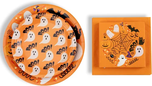 Vista 3 de Juego de vajilla desechable de 80 piezas con diseños de fantasma y calabaza, incluye platos de 9 y 7 pulgadas, servilletas de cóctel y almuerzo