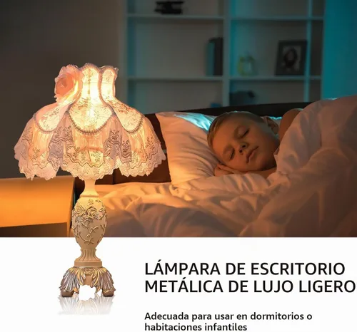 Vista 7 de Lámpara de escritorio de estilo europeo rosa con pantalla de tela, lámpara de mesa victoriana con bombilla E27 e interruptor de botón, lámparas