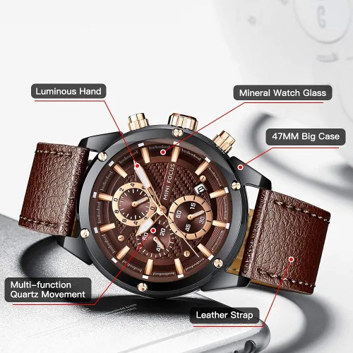 Vista 3 de Reloj de pulsera casual para hombre multifuncionalimpermeableluminosocalendario correa de cuero para hombre