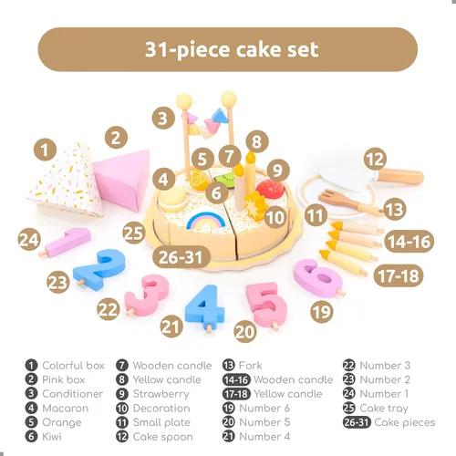Vista 6 de UMU® Juego de pastel de cumpleaños de madera, juguete de cocina con velas, números, frutas y coberturas, comida de madera para niños de 3, 4, 5