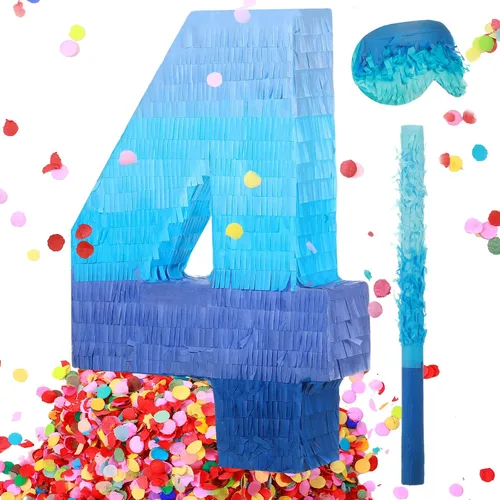 Vista 10 de Sratte Piñata Número 1 2 3 4 5 6 7 8 9 con Palo, Venda para los Ojos, Confeti, Piñata Azul Degradado para Niños y Niñas Fiestas de Cumpleaños