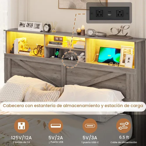 Vista 4 de VIAGDO Bastidor de cama estilo granja tamaño completo con cabecero de almacenamiento tipo librero, estación de carga y luces LED, bastidor de cama