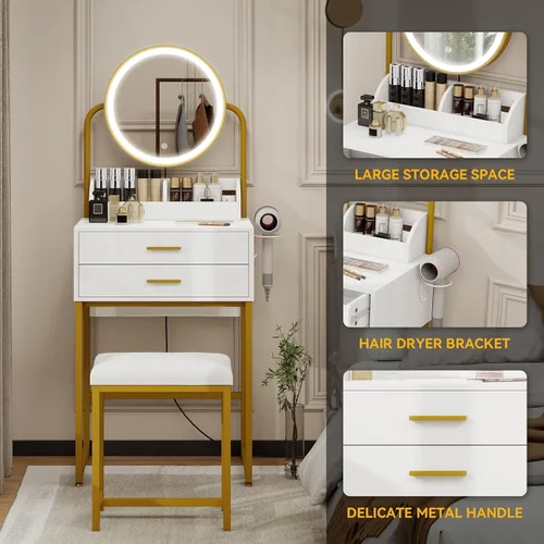 Vista 2 de ARTETHYS Escritorio pequeño con espejo y luces, tocador de maquillaje compacto blanco con silla, moderno tocador que ahorra espacio con cajón