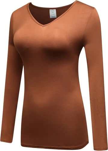 Vista 2 de OThread & Co. Camiseta de manga larga con cuello en V, para mujer, con capa básica, de licra