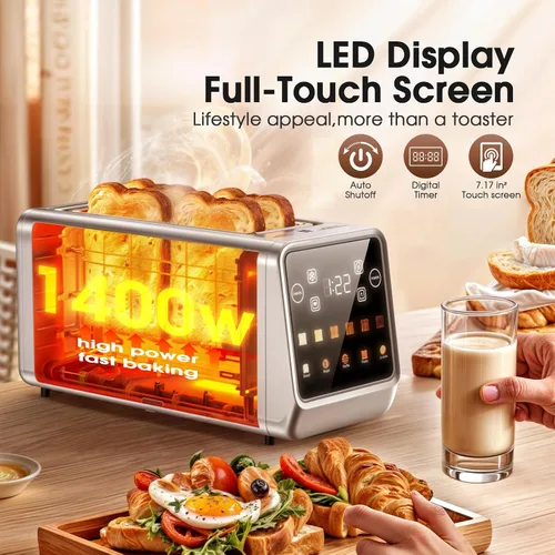 Vista 3 de Tostadora de 4 rebanadas de ranura larga para bagels y pan artesanal, pantalla táctil inteligente digital con función de memoria y modos de una sola