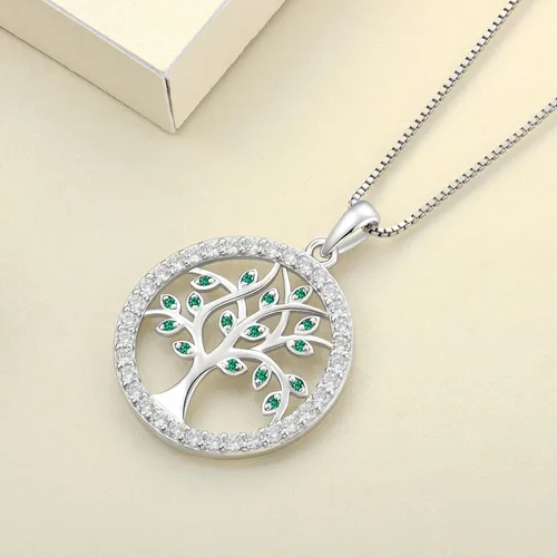 Vista 5 de YL Collar de árbol de plata de ley 925 con colgante de árbol de la vida, piedra natal redonda, halo familiar, joyería para mujer