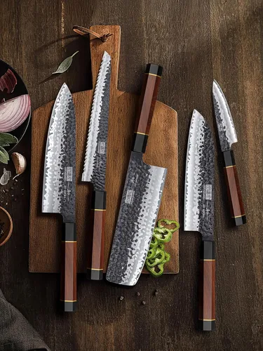 Vista 7 de HOSHANHO Juego de 5 cuchillos de cocina japoneses de acero de alto carbono, juego de cuchillos de chef profesionales ultra afilados con mango