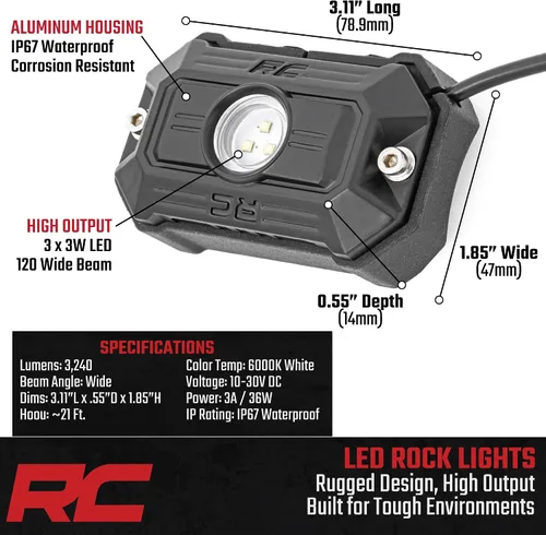 Vista 3 de Rough Country Cápsulas de Luz LED Deluxe para Rocas con Kit de Montaje 4 Cápsulas - 70980, Blanco