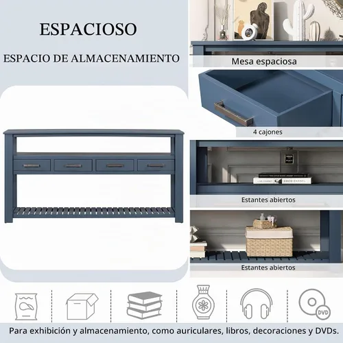 Vista 4 de Moderna mesa consola de 62.2 pulgadas, mesa de sofá con 4 cajones y 2 estantes, adecuada para entrada, pasillo, sala de estar, dormitorio