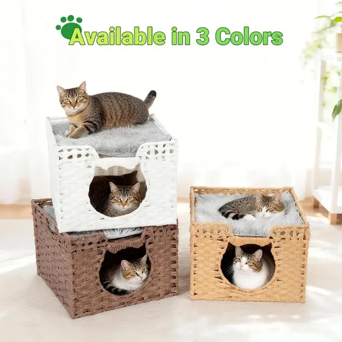 Vista 7 de Cueva de ratán tejida a mano para gatos con dos cojines, camas para gatos, casa de gatitos interior, impermeable y plegable, color blanco, 16.5