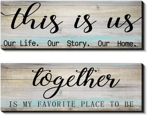 Vista 8 de Jetec 2 letreros de madera para pared del hogar, decoración de pared con texto en inglés "This Is Us", color gris antiguo