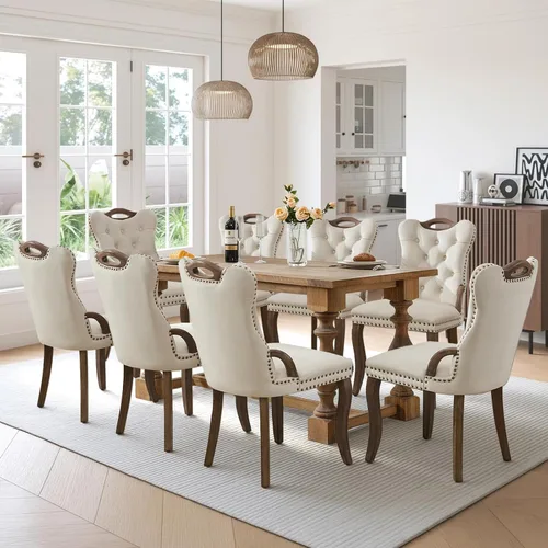 Vista 121 de SoarFlash Juego de 2 sillas de comedor de terciopelo, silla lateral de respaldo alto, silla lateral moderna tapizada de alta gama con botones Beige