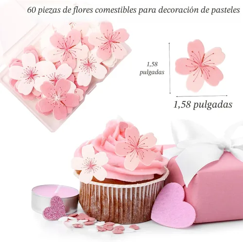 Vista 4 de 60 piezas de flores comestibles para decorar pasteles y cupcakes, decoraciones de papel de oblea en forma de flores de cerezo rosa, temática
