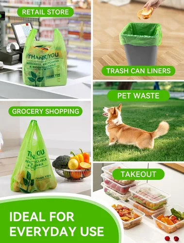 Vista 7 de UMT Plastar 500 bolsas biodegradables para camisetas, 11.5 x 6.25 x 21 pulgadas 16 bolsas de transporte ecológicas con asas fuertes para uso