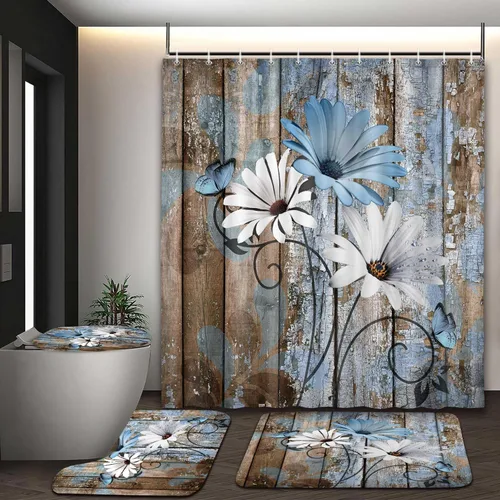Vista 59 de JAWO Alfombra de baño con flores de granja, dalia en tablones de madera rústica, juego de tapetes de baño con flores azules, en forma de U