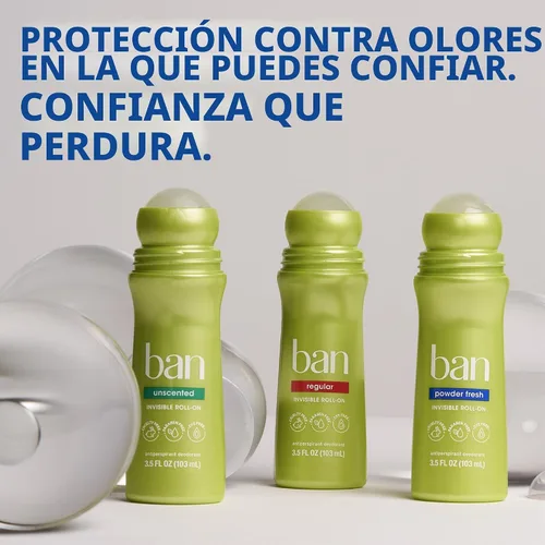 Vista 8 de Ban Desodorante Antitranspirante Roll-on Invisible para Mujeres y Hombres, Protección contra Olor y Sudor de Axilas por 24 Horas, Powder Fresh, 3.5