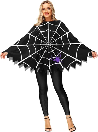 Vista 5 de Disfraz de calabaza de Halloween, capa de poncho de esqueleto de telaraña