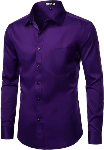 Vista 3 de ZEROYAA Camisas de vestir formales de manga larga con botones y bolsillo para hombre