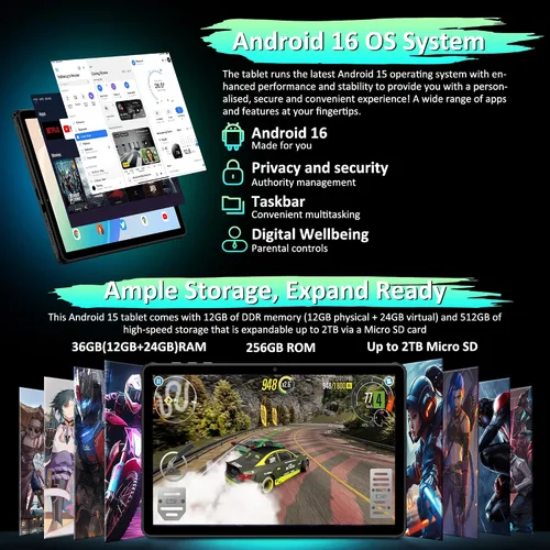 Vista 3 de TOPWAH - Tableta Android de 11 pulgadas con teclado, 36 GB de RAM + 256 GB de ROM (expansión de 1 TB), tabletas de pantalla ISP 2K, 8000 mAh, T606