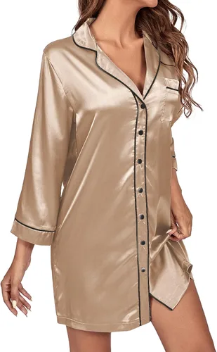 Vista 3 de Umenlele Camisón de satén con botones para mujer, camisa de dormir de manga larga, camisón de novio