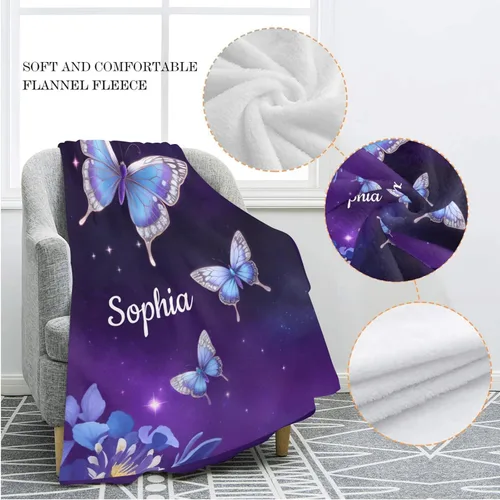 Vista 6 de Manta de forro polar suave con nombre en blanco y mariposa de galaxia morada, para recién nacidos, niñas, niños, guardería, 30 x 40 pulgadas