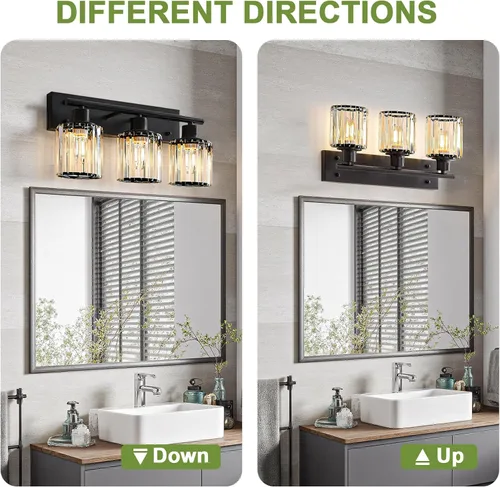 Vista 11 de Luz de tocador, 3 luces de cristal negro moderno para baño con 3 bombillas E26, luces de tocador para baño, dormitorio, sala de estar, pasillo