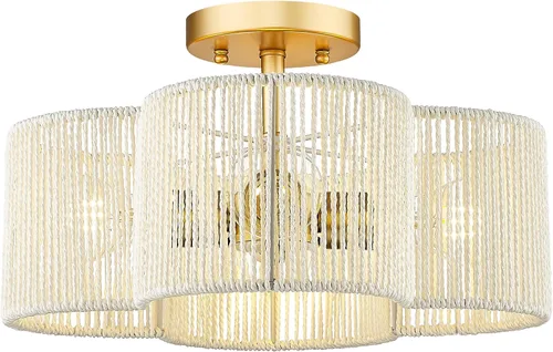 Vista 21 de Lámpara de Techo Semiempotrada Dorada, 3 Luces Accesorios de Iluminación de Techo de 12.5" con Pantalla de Tela en Forma de Flor, Luces de Tambor